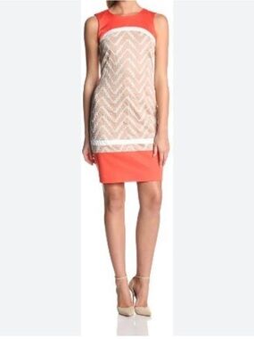 Anne Klein Coral and Ivory Lace Panel Dress
